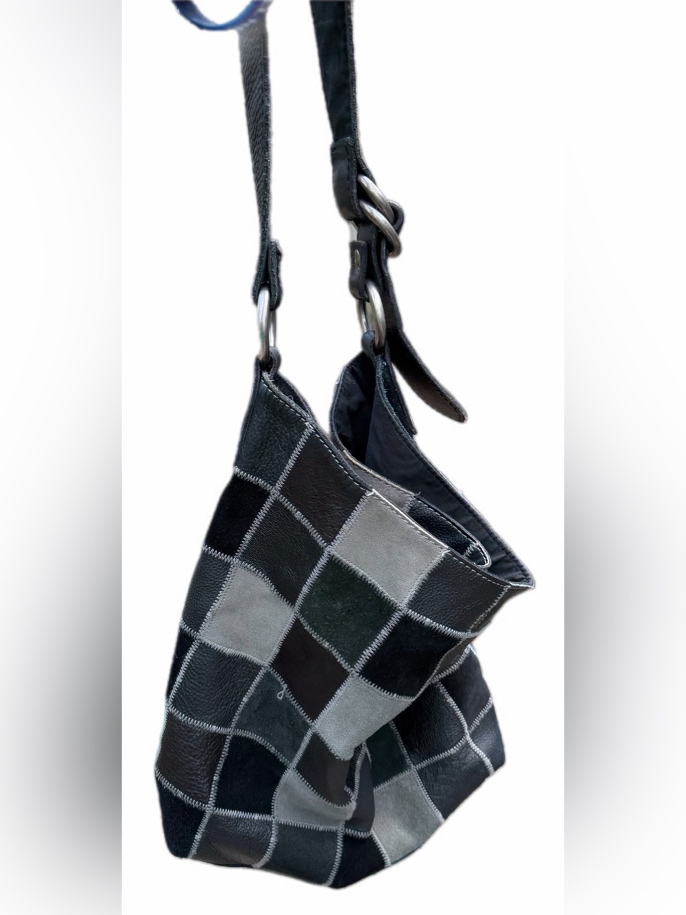 Lucky Brand Black Gray Patchwork Leather Suede Hobo Shoulder Bag Boho Y2K - Picture 6 of 13